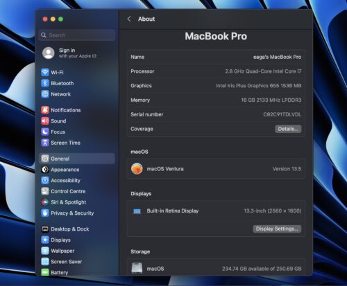 MacBook Pro A1989 13.3inch - i7-8569U 2.80 GHZ / 16 GB / 256 GB - 2019